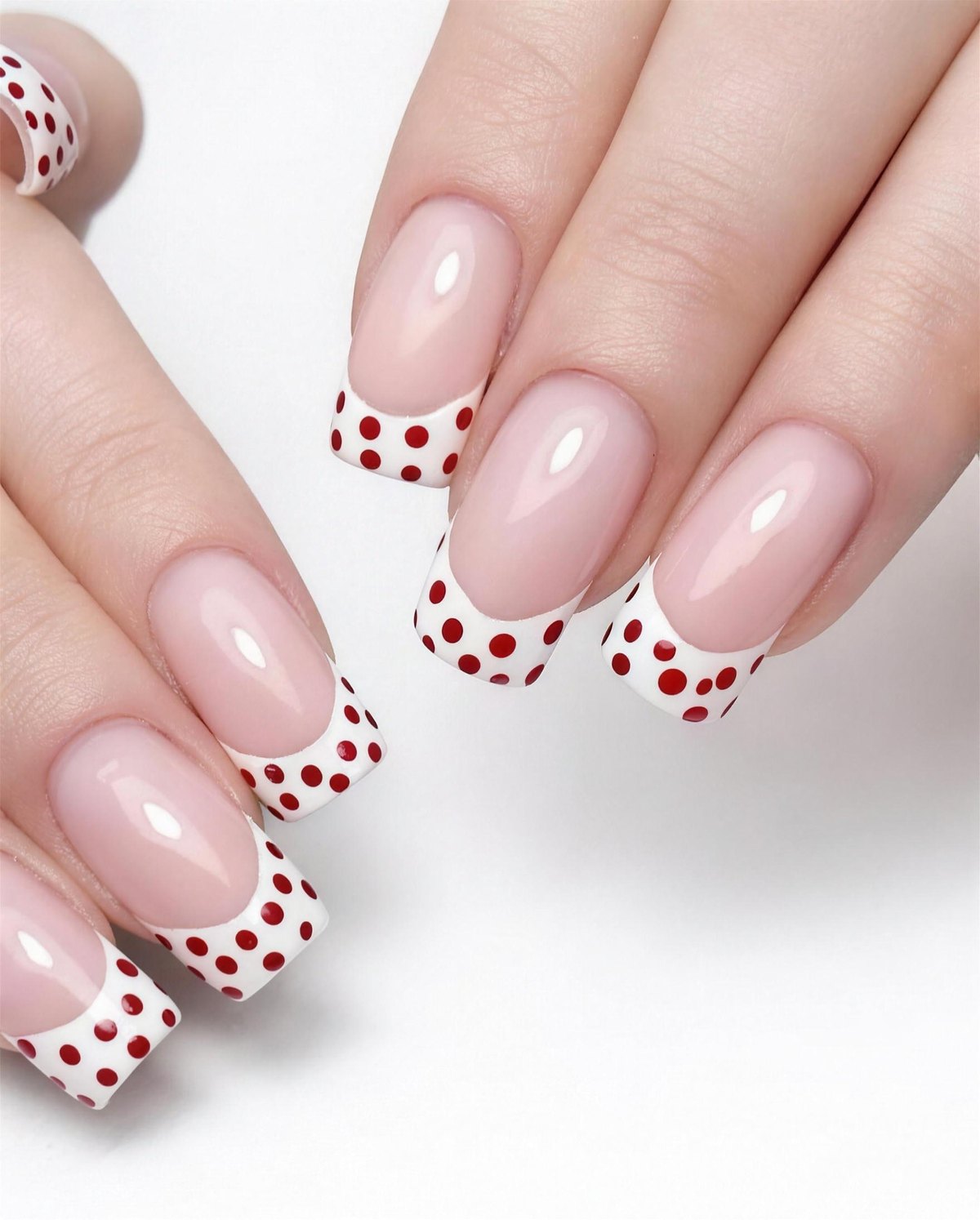French manicure z mleczno-różową bazą i czerwonymi kropkami na końcówkach